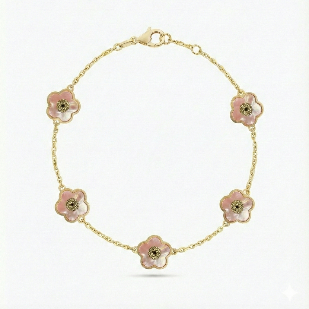 18K Yellow Gold Reversible Mother of Pearl Flower Motif Bracelet