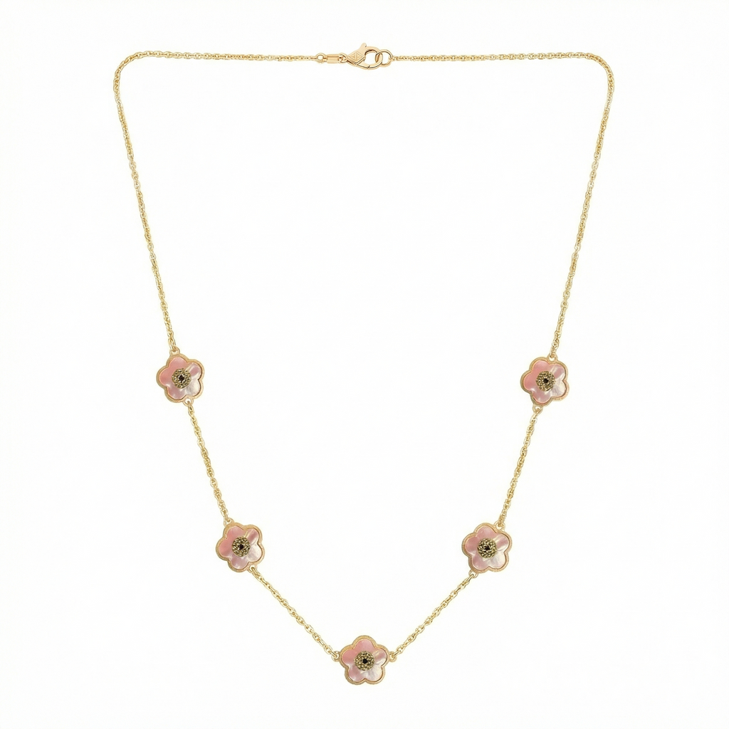 18K Yellow Gold Reversible Pink and White Mother of Pearl Flower Motif Necklace