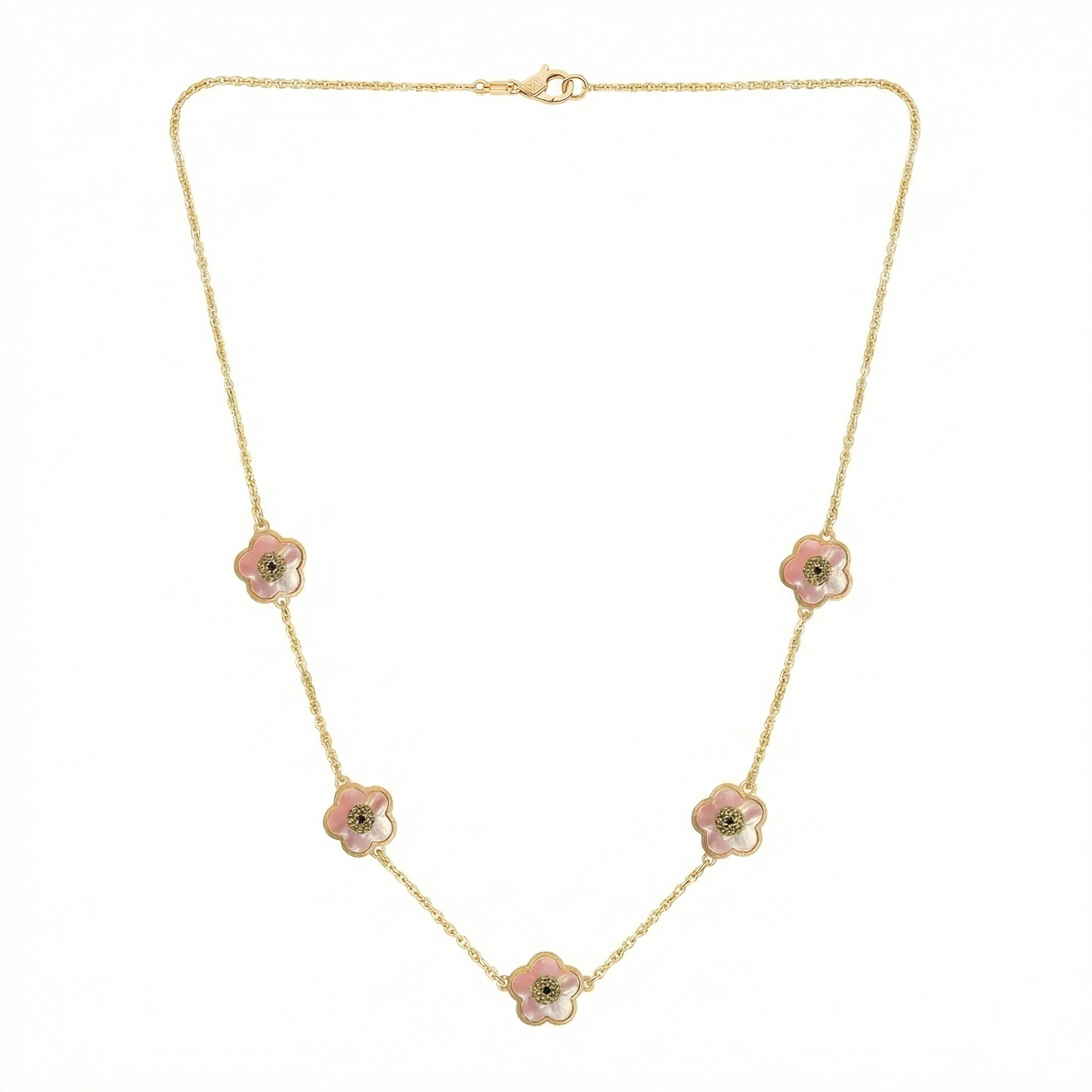 18K Yellow Gold Reversible Pink and White Mother of Pearl Flower Motif Necklace