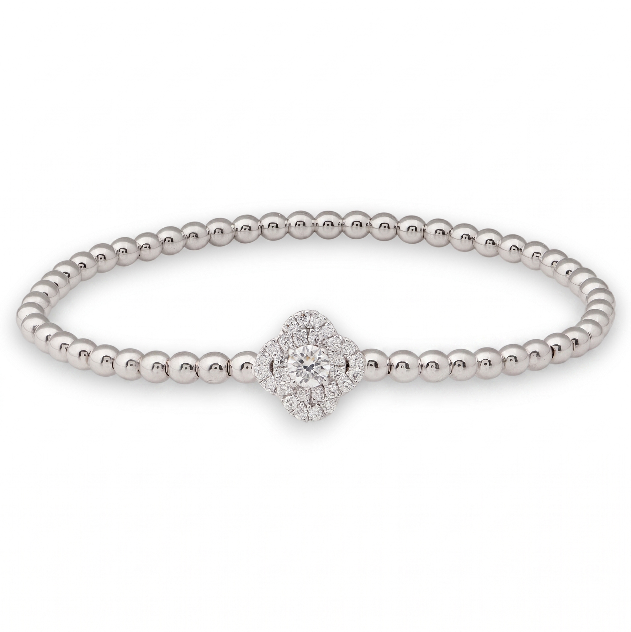 18K White Gold Diamond Clover Bead Bracelet