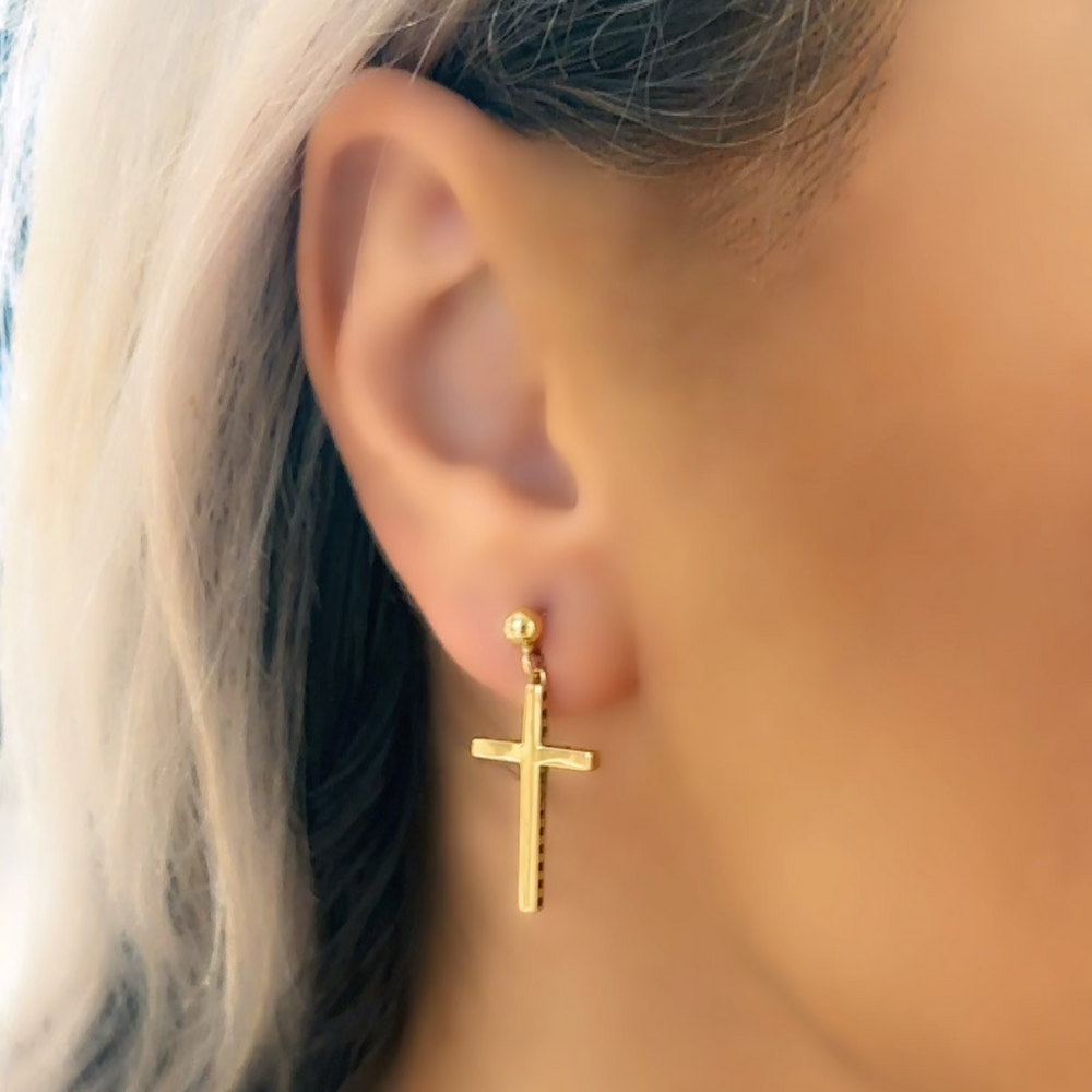 18k Gold Cross Earrings Dangled Push Back Screw