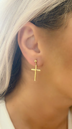 18k Gold Cross Earrings Dangled Push Back Screw