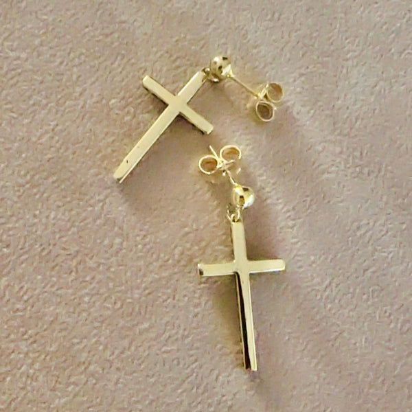 18k Gold Cross Earrings Dangled Push Back Screw