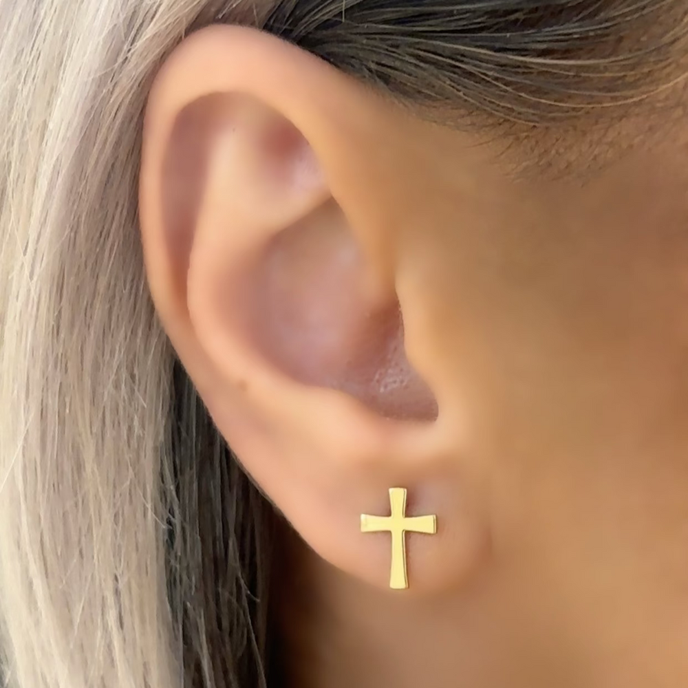 18k Gold Earrings Cross Stud Push Back Screw