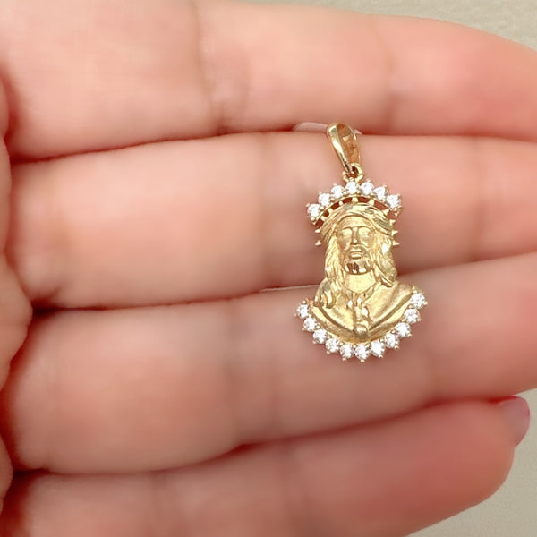 18K Gold Pendant  3D Two Tones Jesus Face Cubic Zirconia