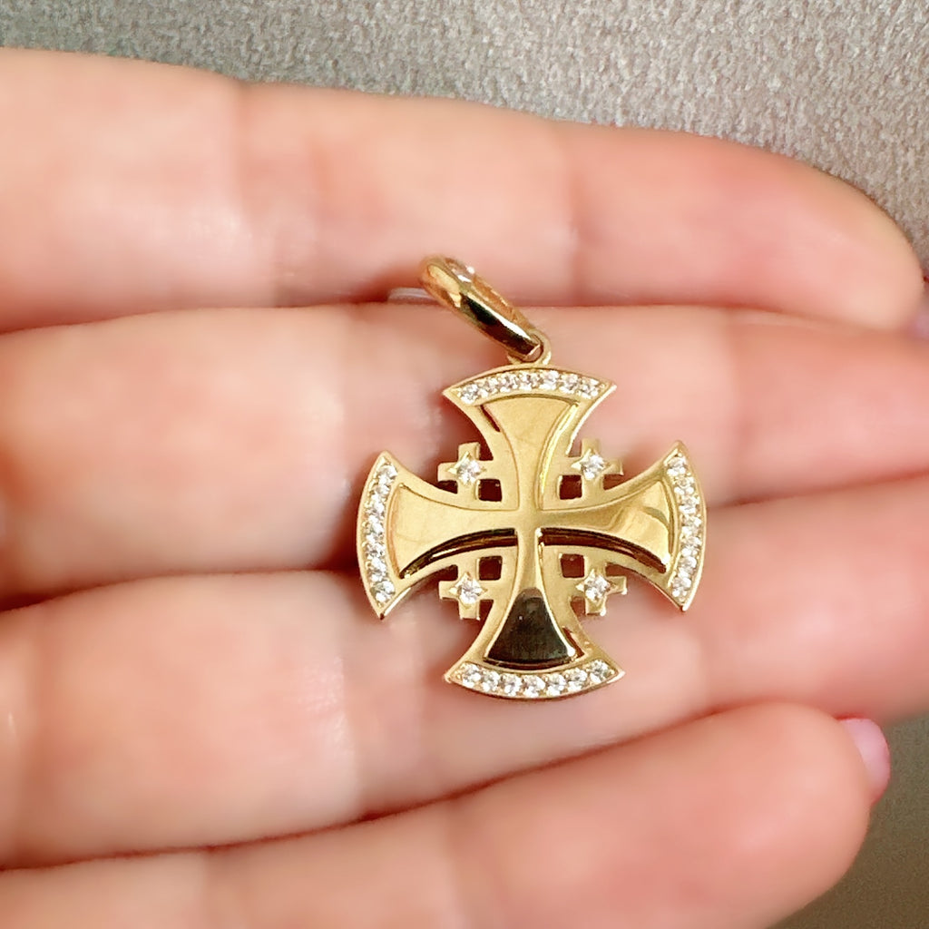 18K Yellow Gold Cubic Zirconia Cross Of Jerusalem Pendant