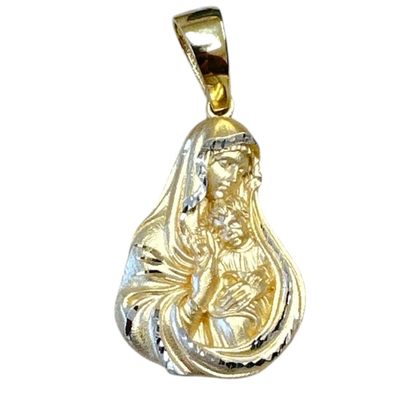 18K Gold Pendant  3D Two Tones Mary and Jesus