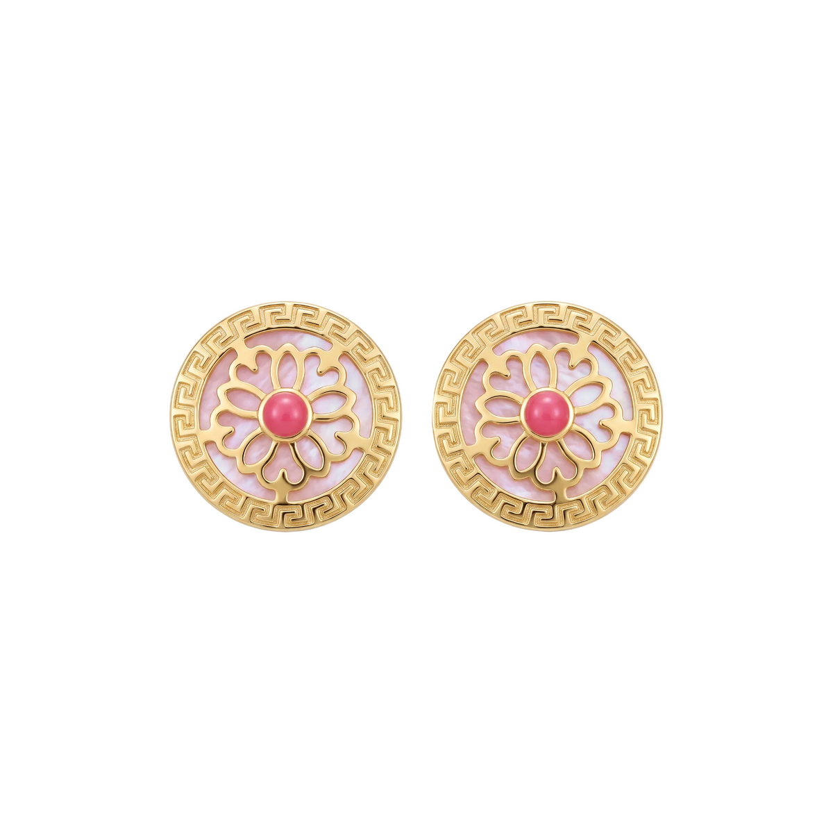 18K Yellow Gold Mother Of Pearl Pink Enamel Stud Earring