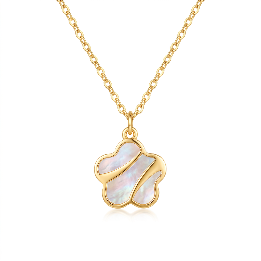 18K Yellow Gold Mother Of Pearl Flower Necklace