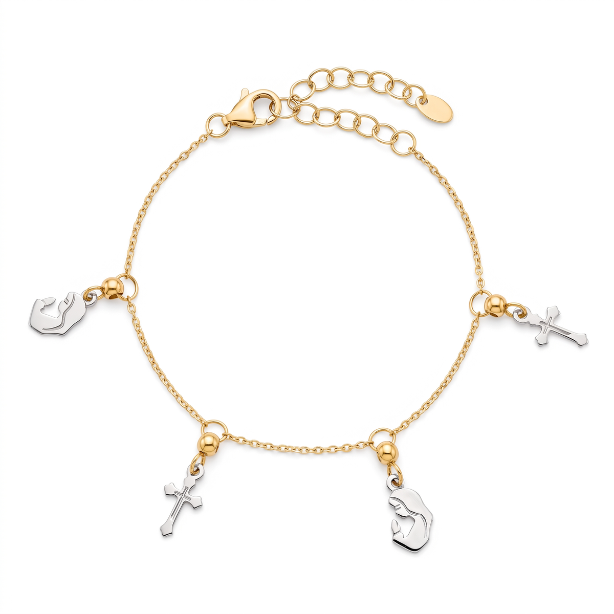 18K Two Tone Gold Cross & St. Mary Motif Baby Bracelet