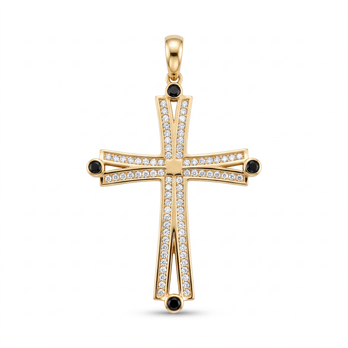18K Yellow Gold With Black & White Cubic Zirconia Cross Pendant