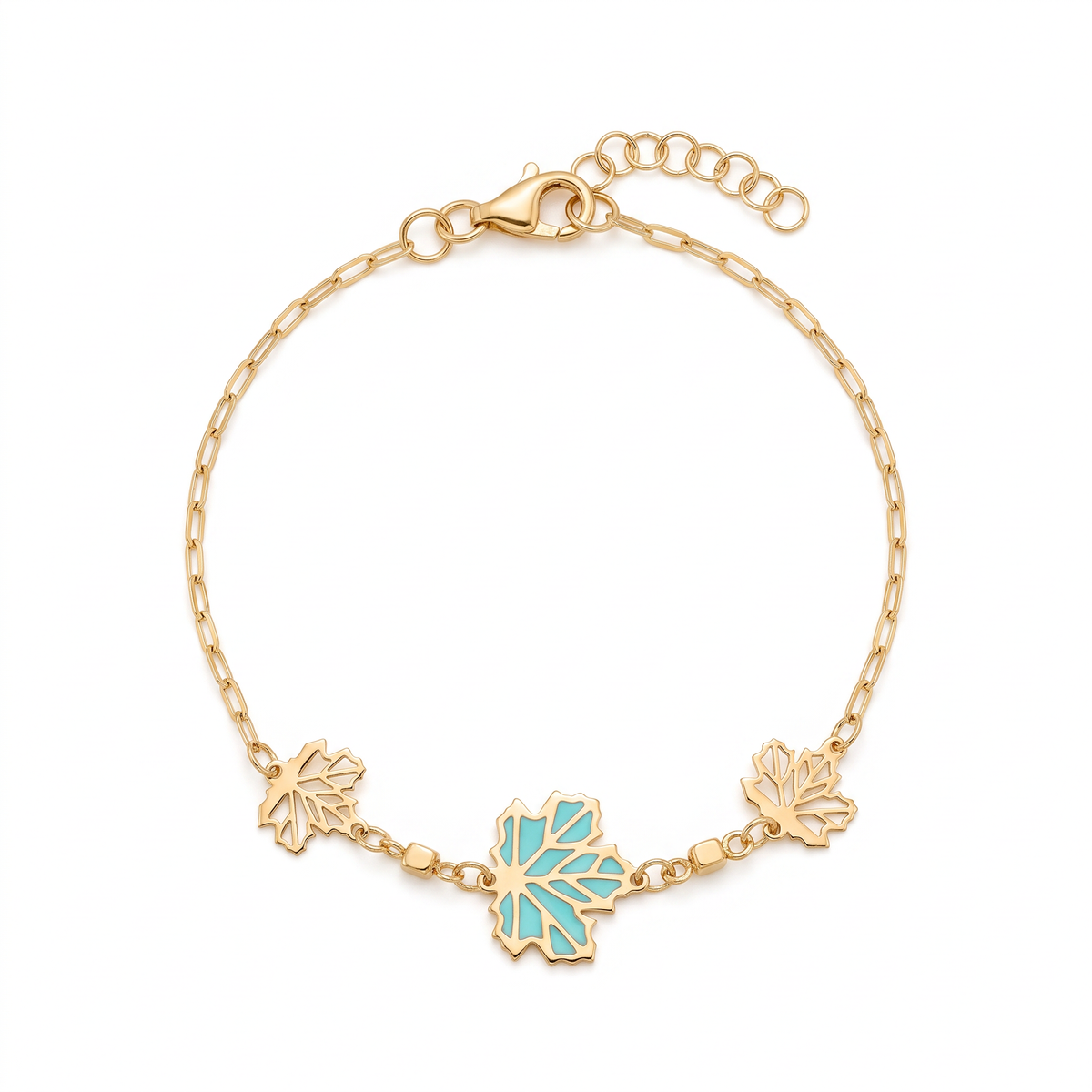 18K Yellow Gold Cyan Enamel Leaf Motif Baby Bracelet