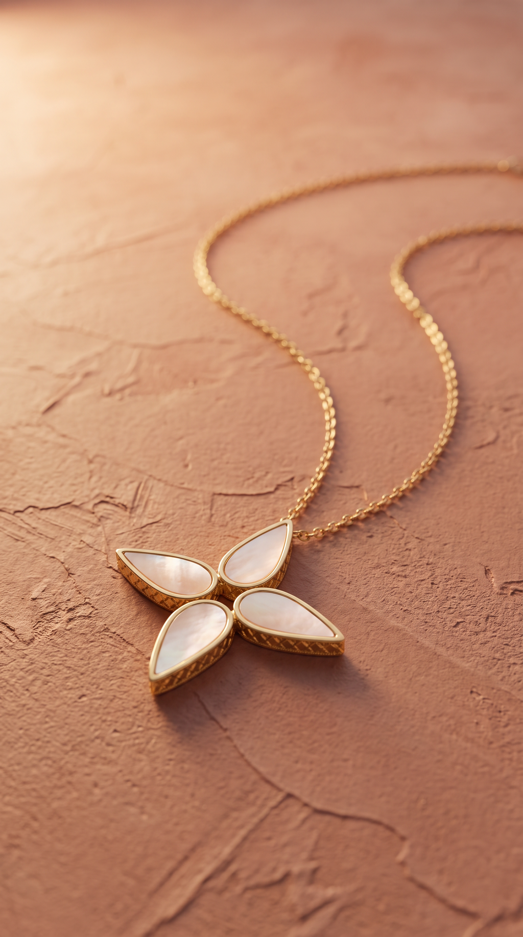 18K Yellow Gold Mother Of Pearl Flower Necklace