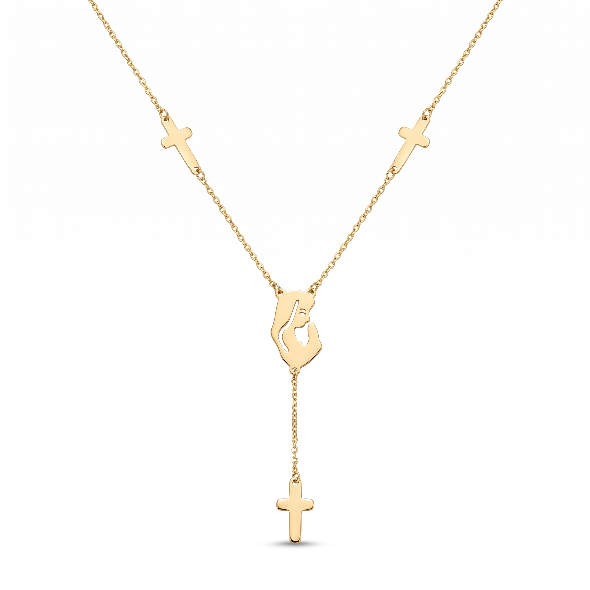 18K Yellow Gold Virgin Mary Cross Chain Necklace