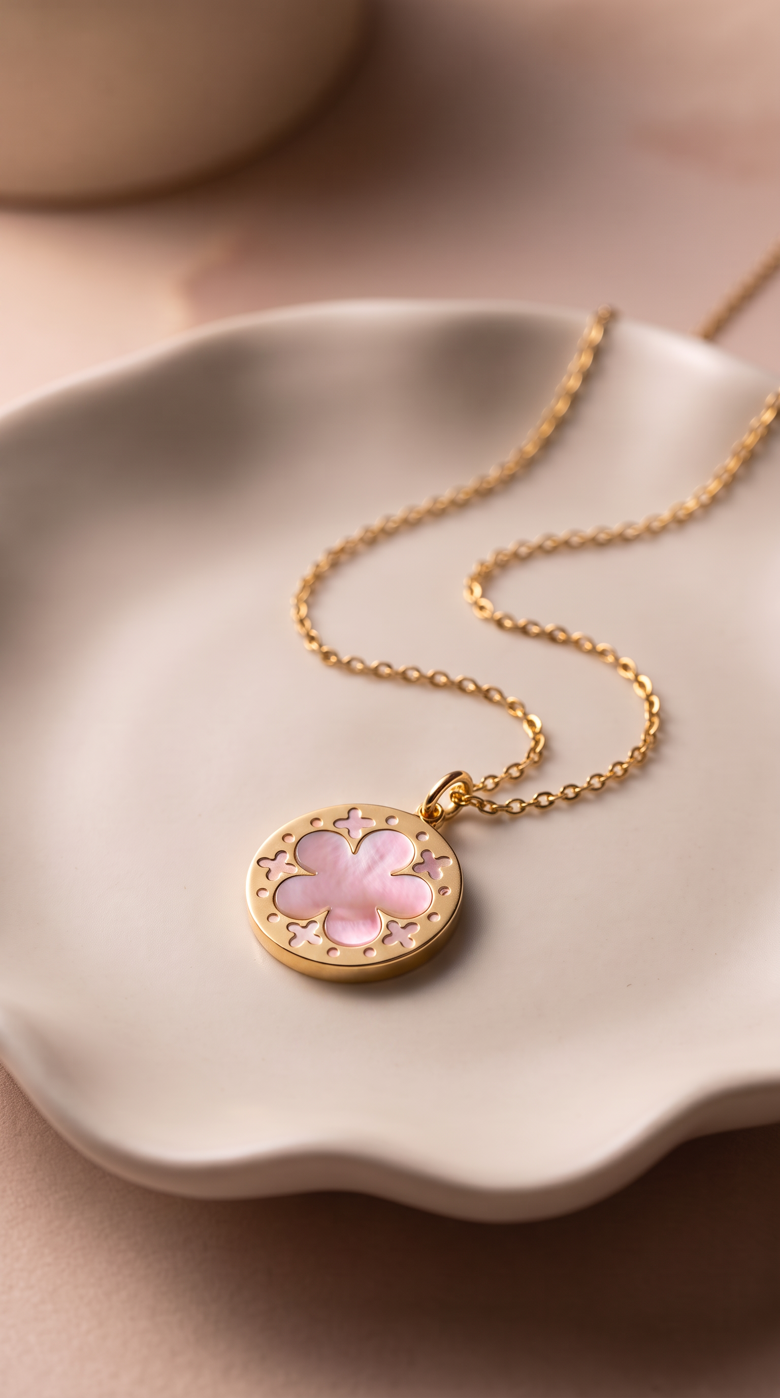 18K Yellow Gold Reversible Mother Of Pearl Flower Necklace