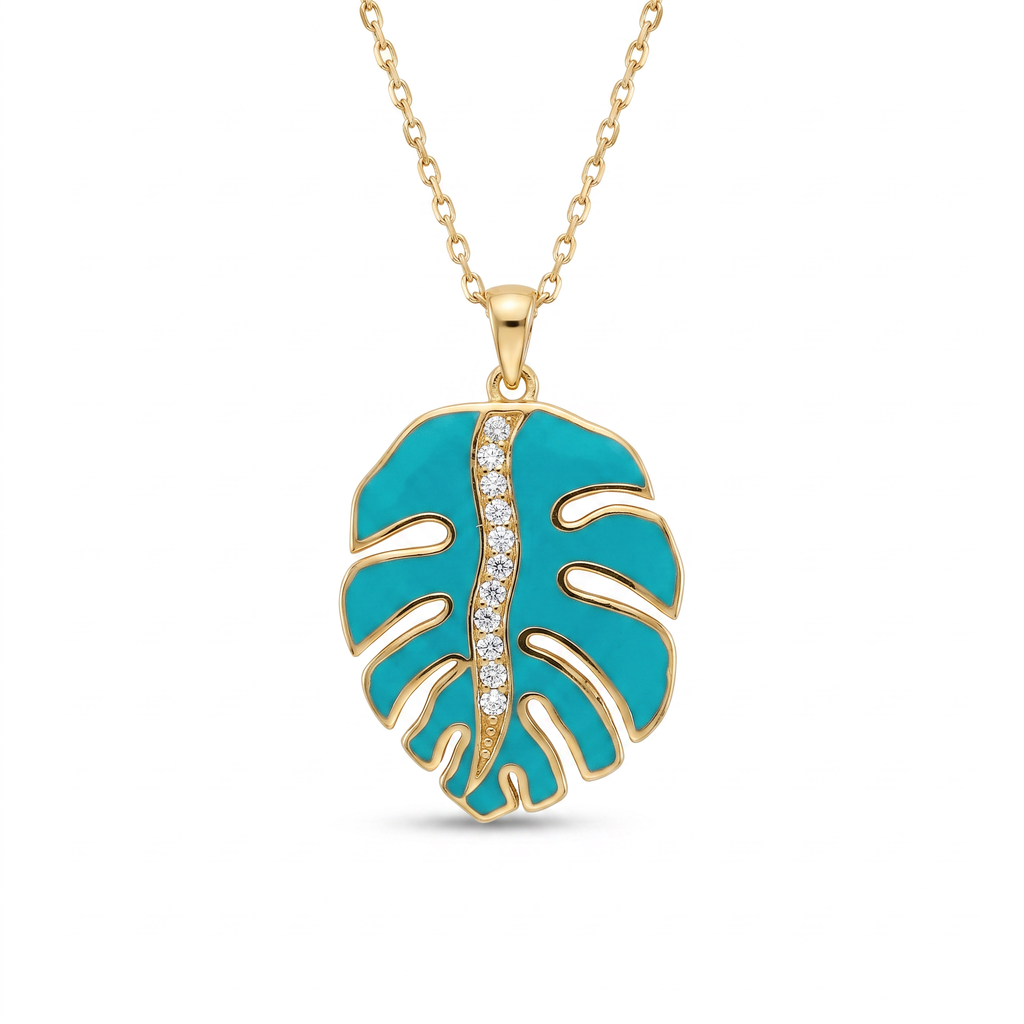 18K Yellow Gold Cubic Zirconia Blue Enamel Necklace