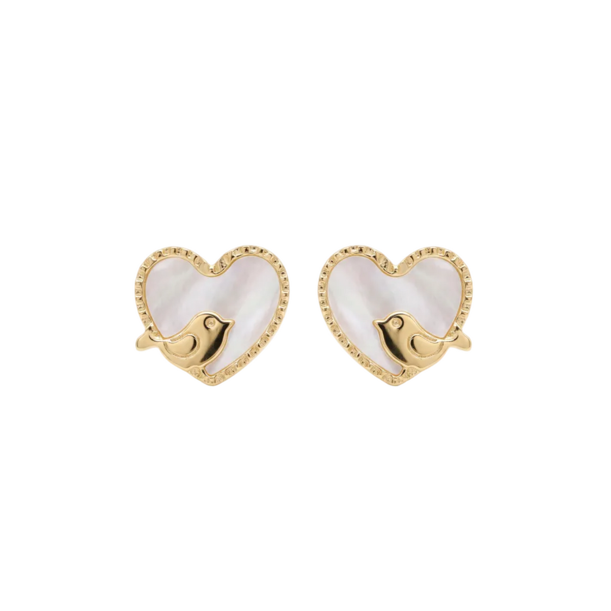 18K Yellow Gold White Mother of Pearl Heart Stud Earring