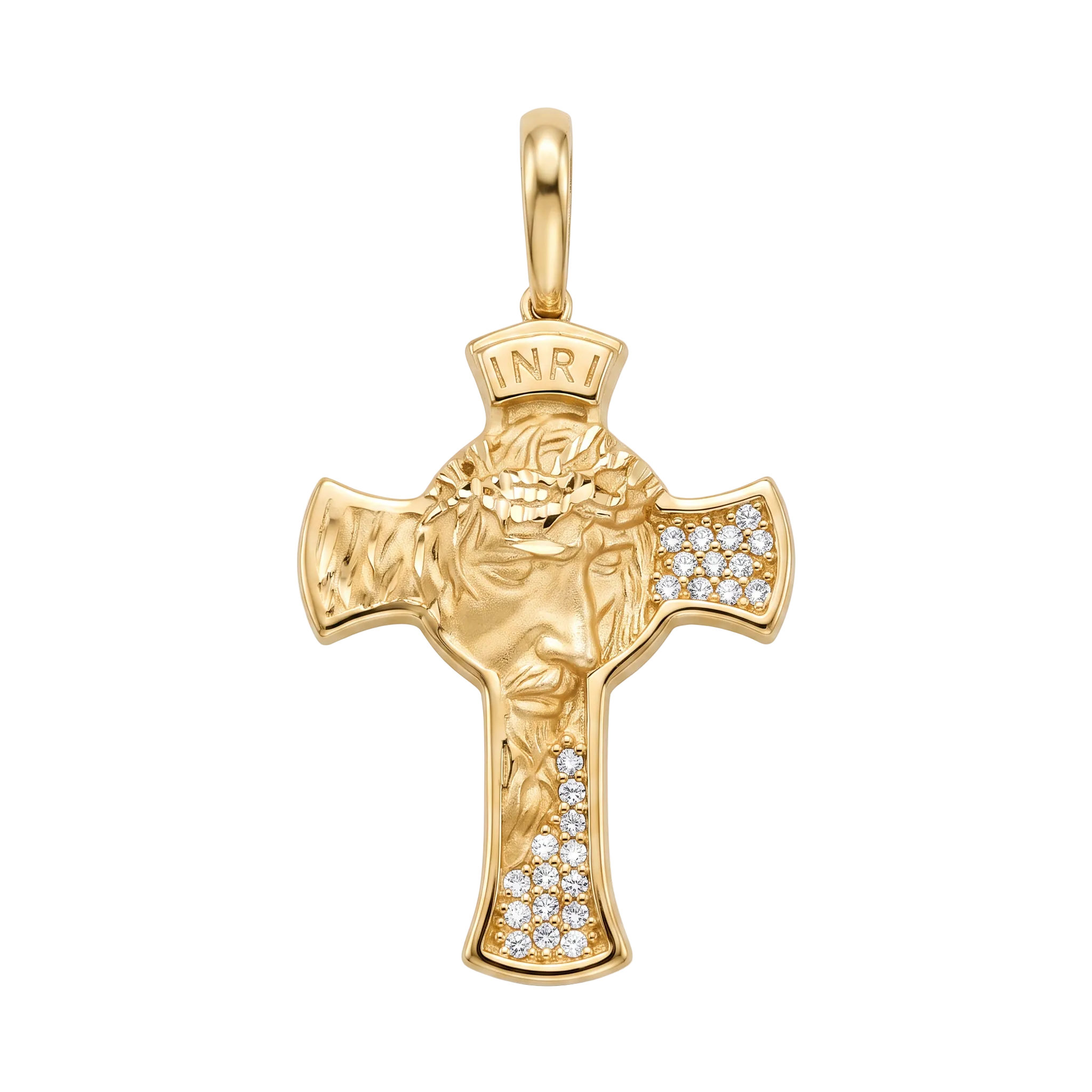 18K Gold Small Cubic Zirconia Jesus Face Cross Pendant