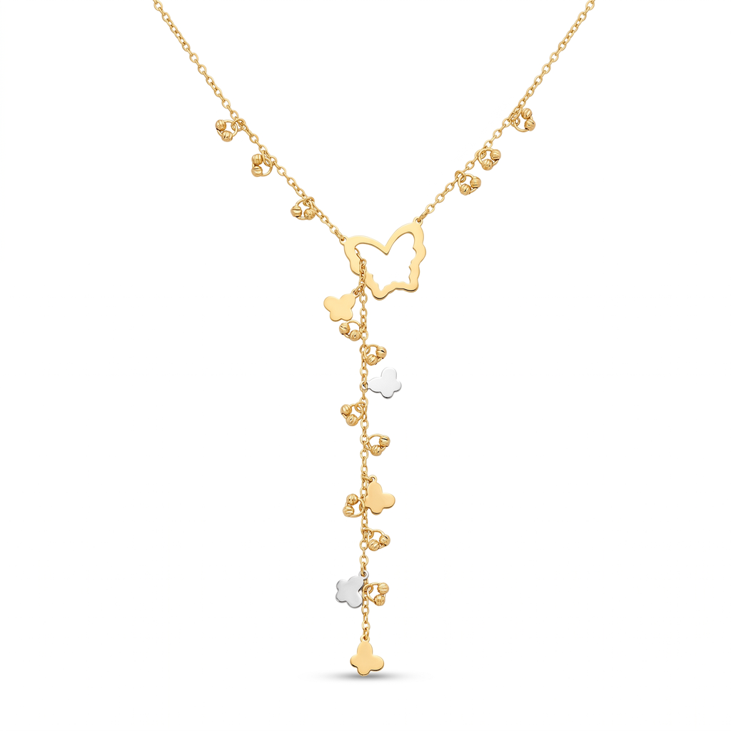 18K Two Tone Gold Butterfly Beaded Chain Necklace