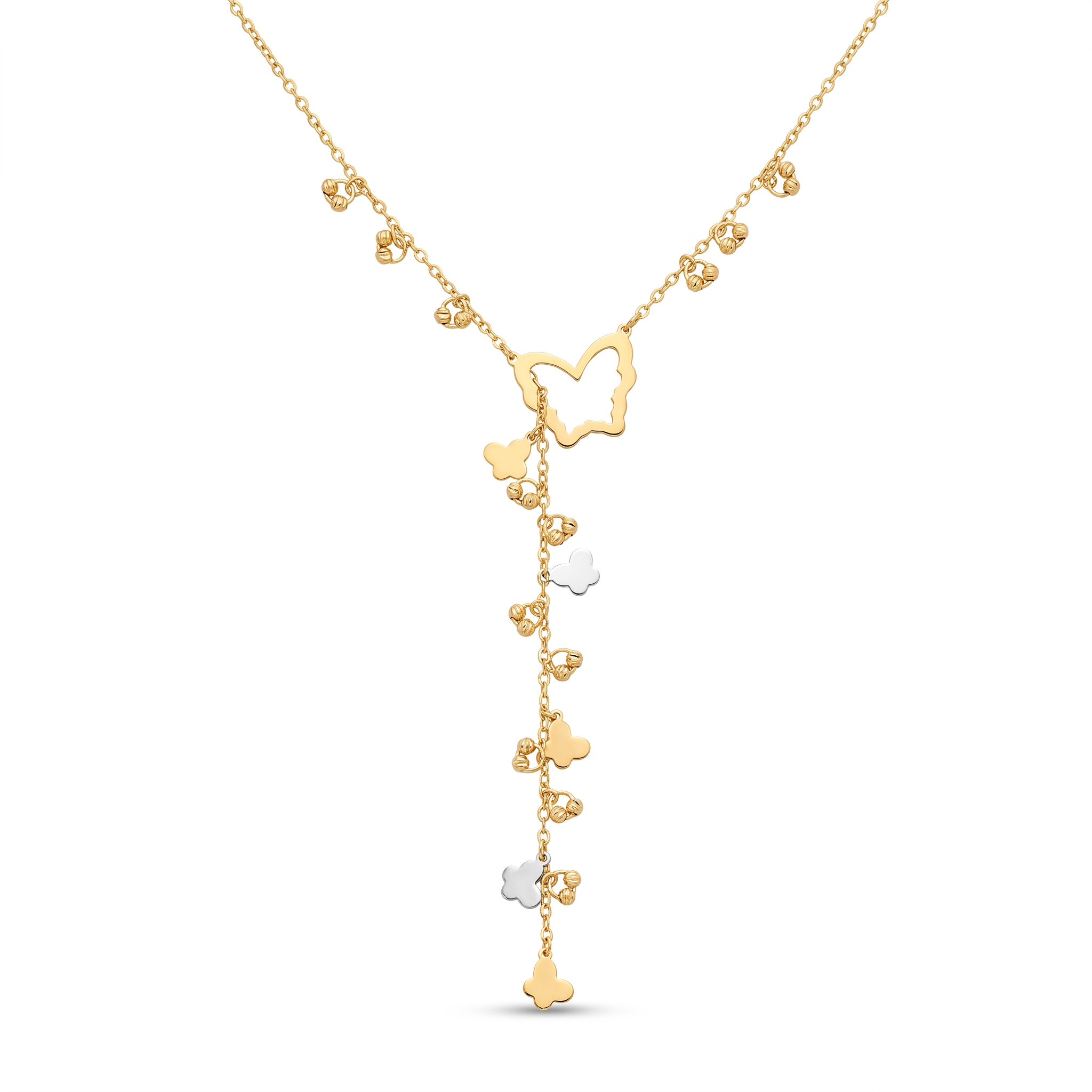 18K Two Tone Gold Butterfly Beaded Chain Necklace