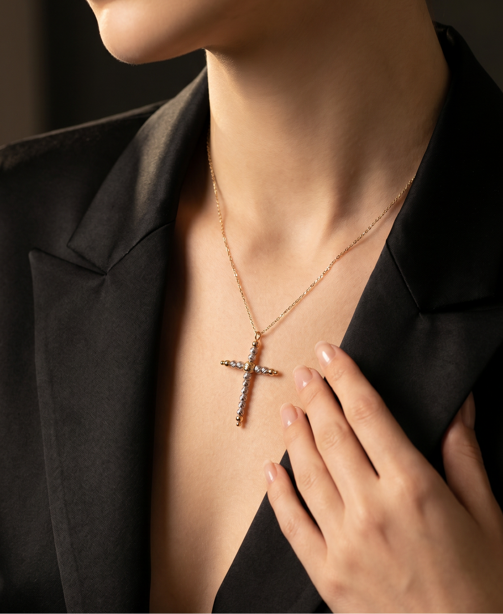 18K Two Tone Gold Cross Beaded Necklace