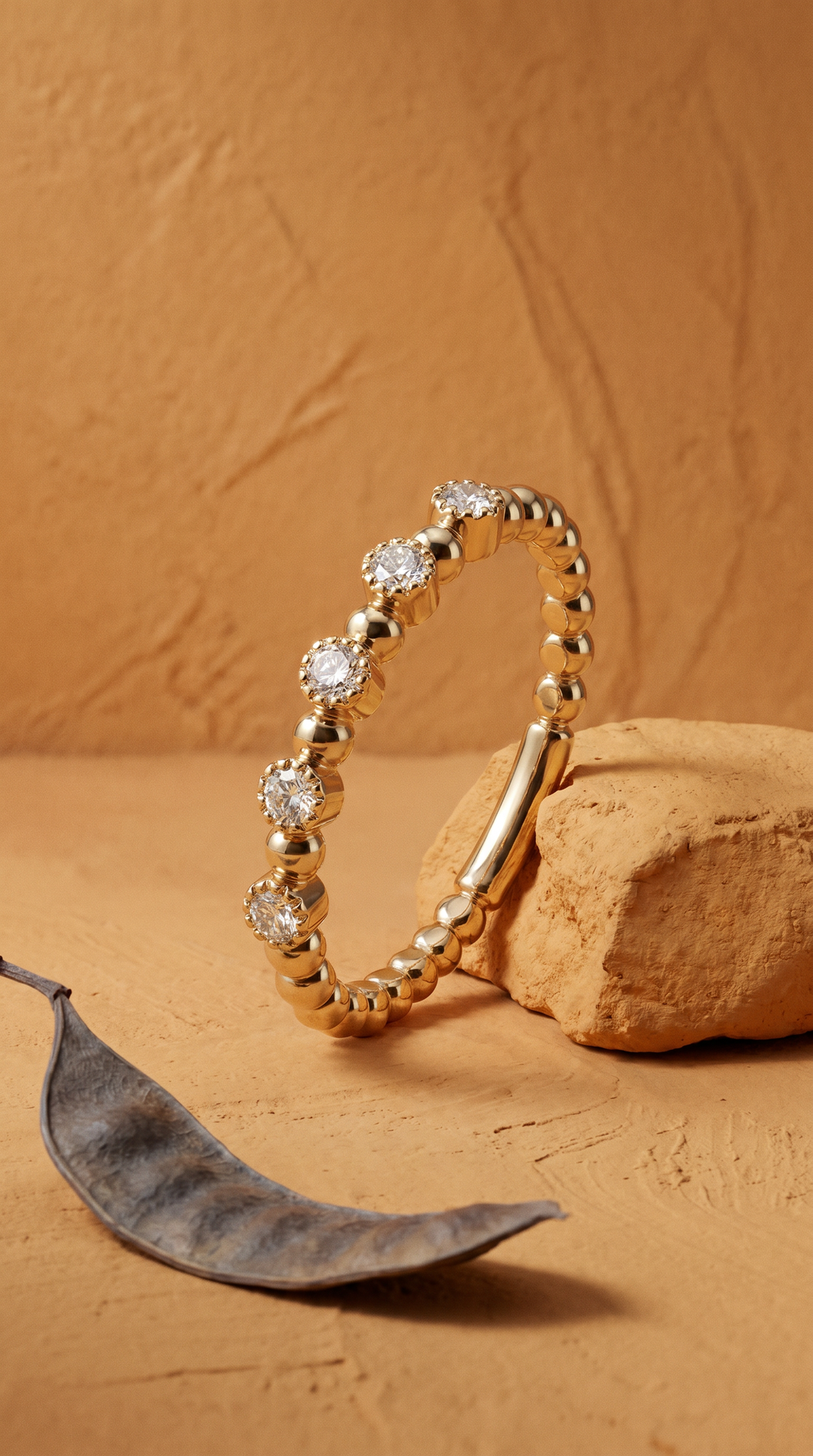 Diamond Yellow Gold Beaded Ring