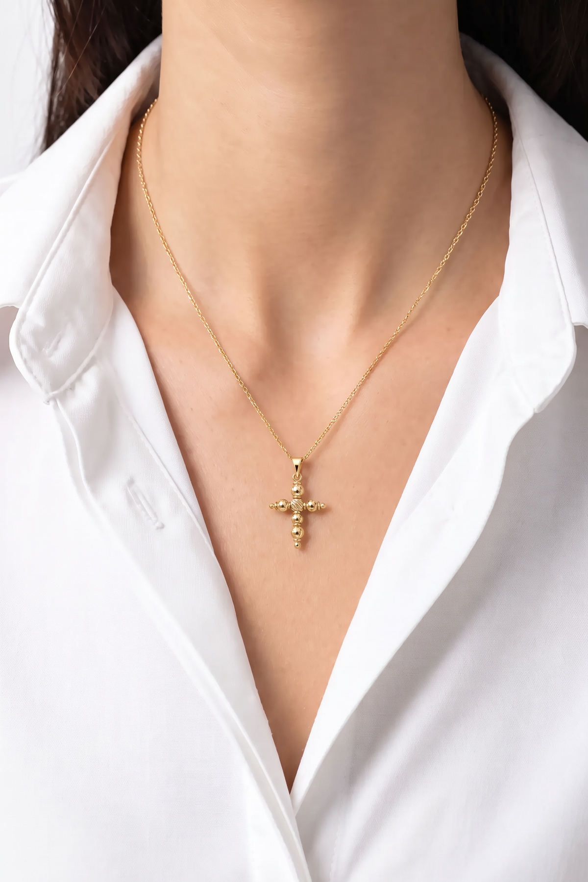18K Yellow Gold Bead Cross Pendant