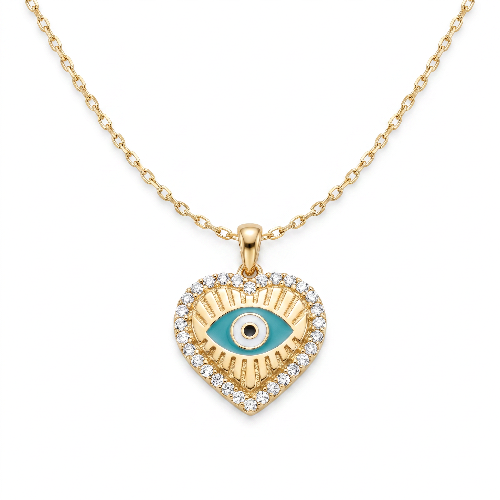 18K Yellow Gold Cubic Zirconia Enamel Heart Evil Eye Necklace