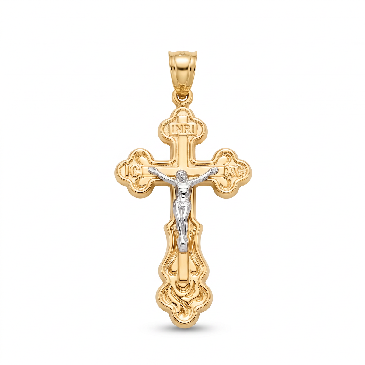 18K Two Tone Gold INRI Budded Crucifix Pendant