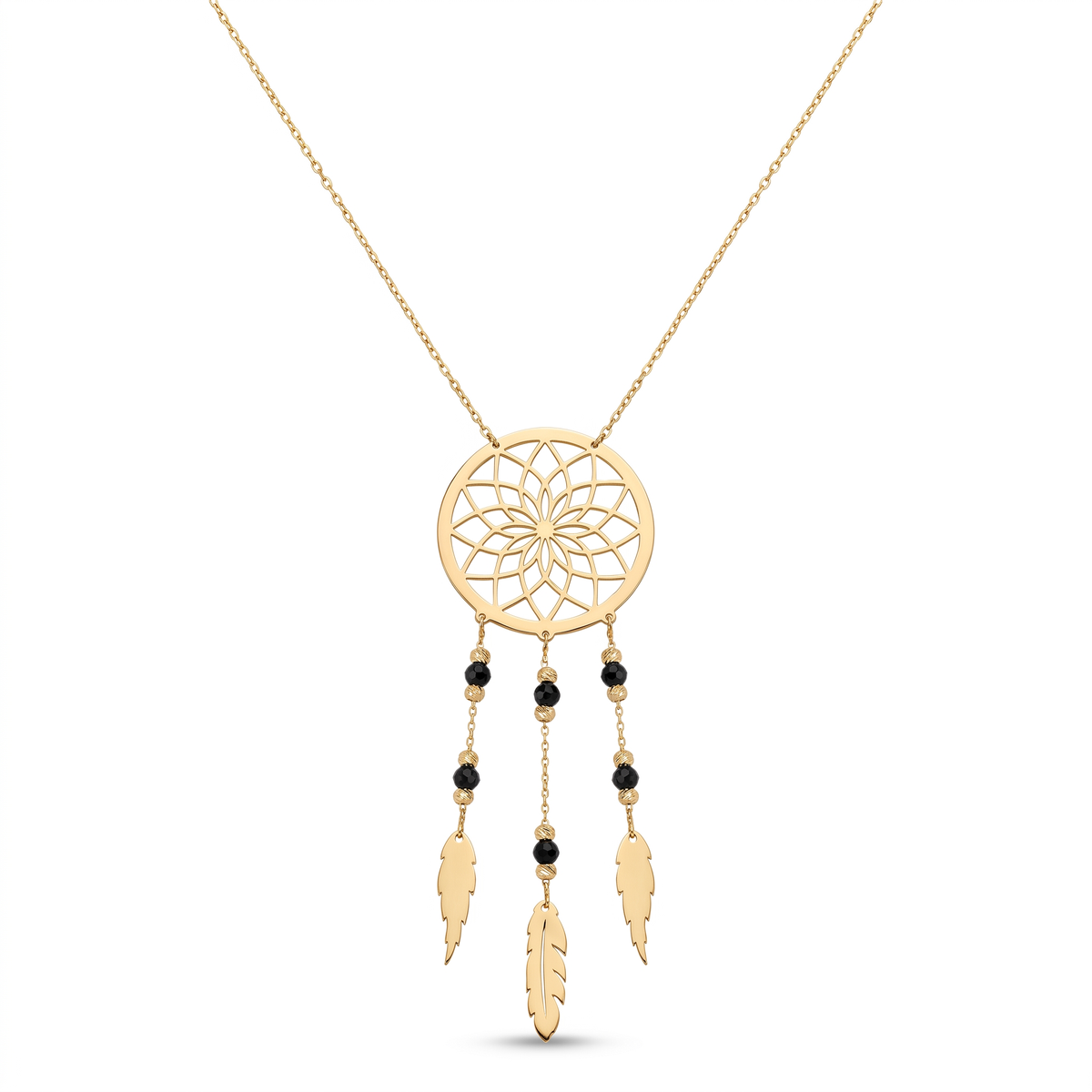 18K Yellow Gold Black Bead Dreamcatcher Necklace