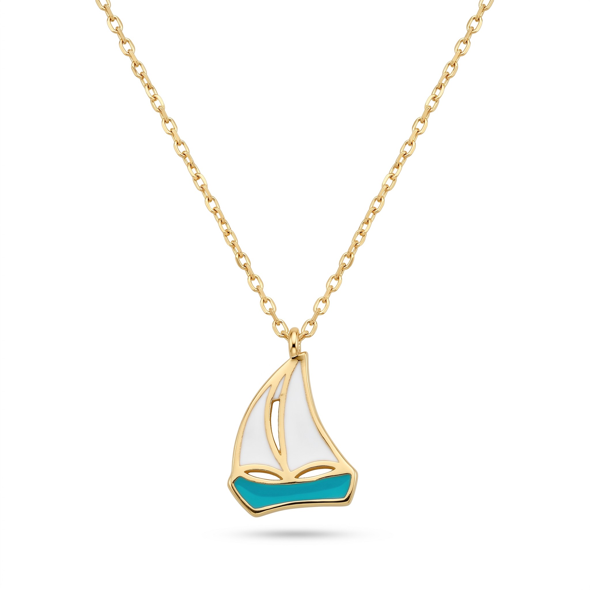 18K Yellow Gold Enamel Sailboat Necklace