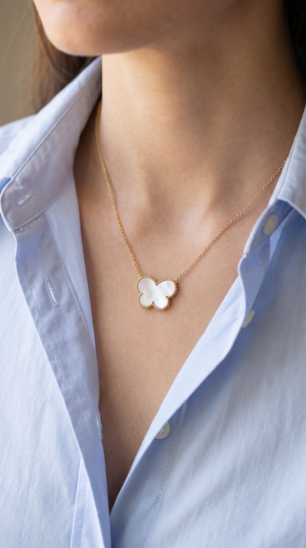 18K Yellow Gold Mother Of Pearl Butterfly Necklace