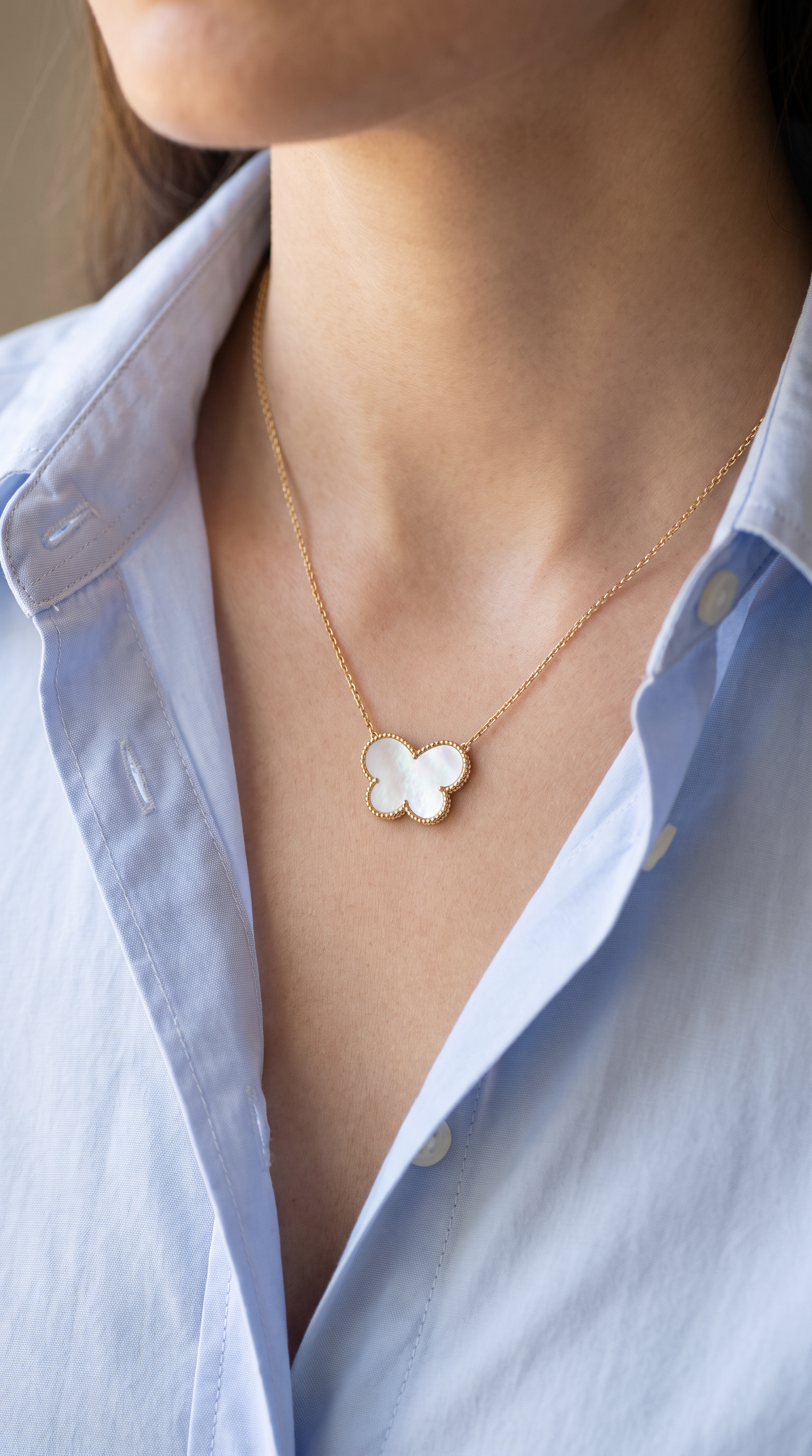 18K Yellow Gold Mother Of Pearl Butterfly Necklace