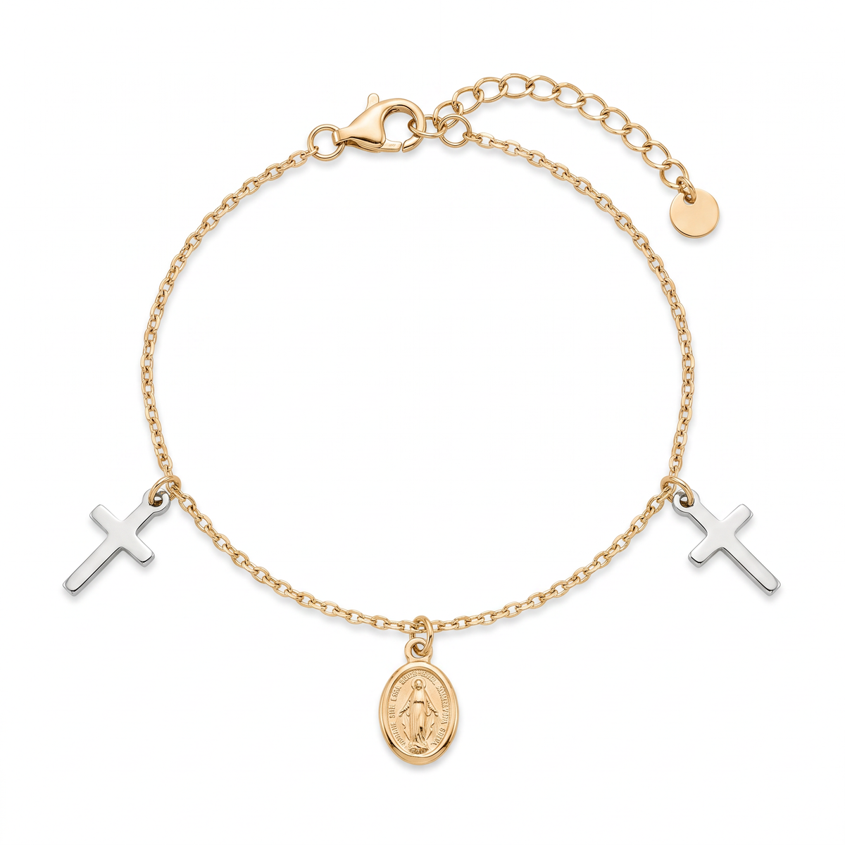 18K Two Tone Gold Cross & St. Mary Motif Baby Bracelet