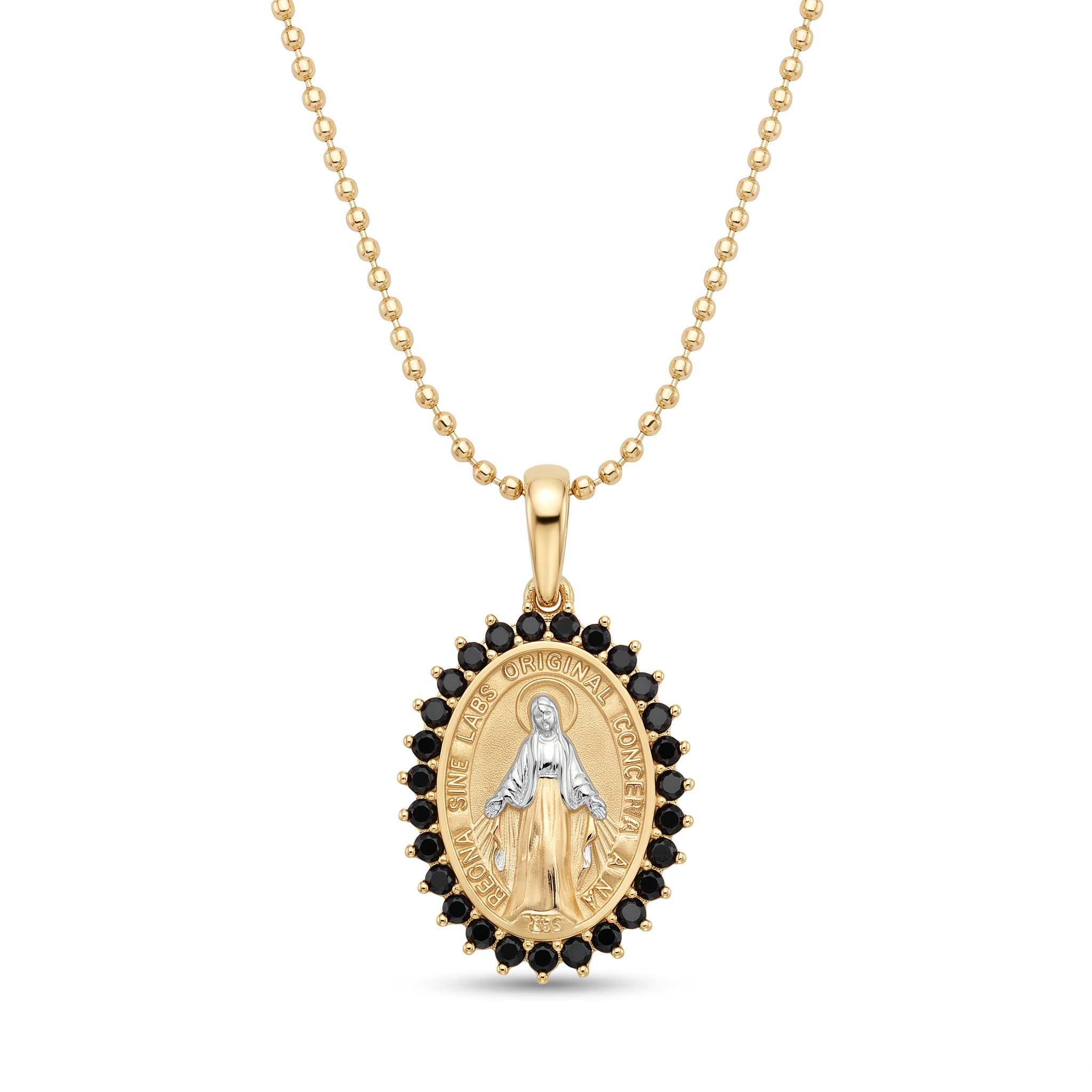 18K Two Tone Virgin Mary Onyx Gold Necklace