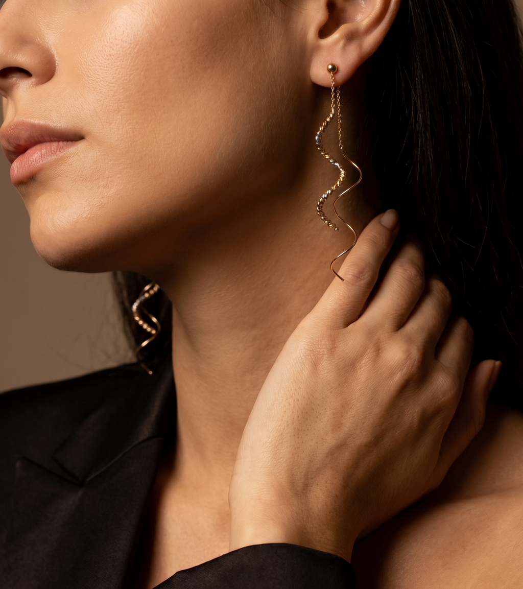 18K Two Tone Gold Spiral Beaded Drop Earring