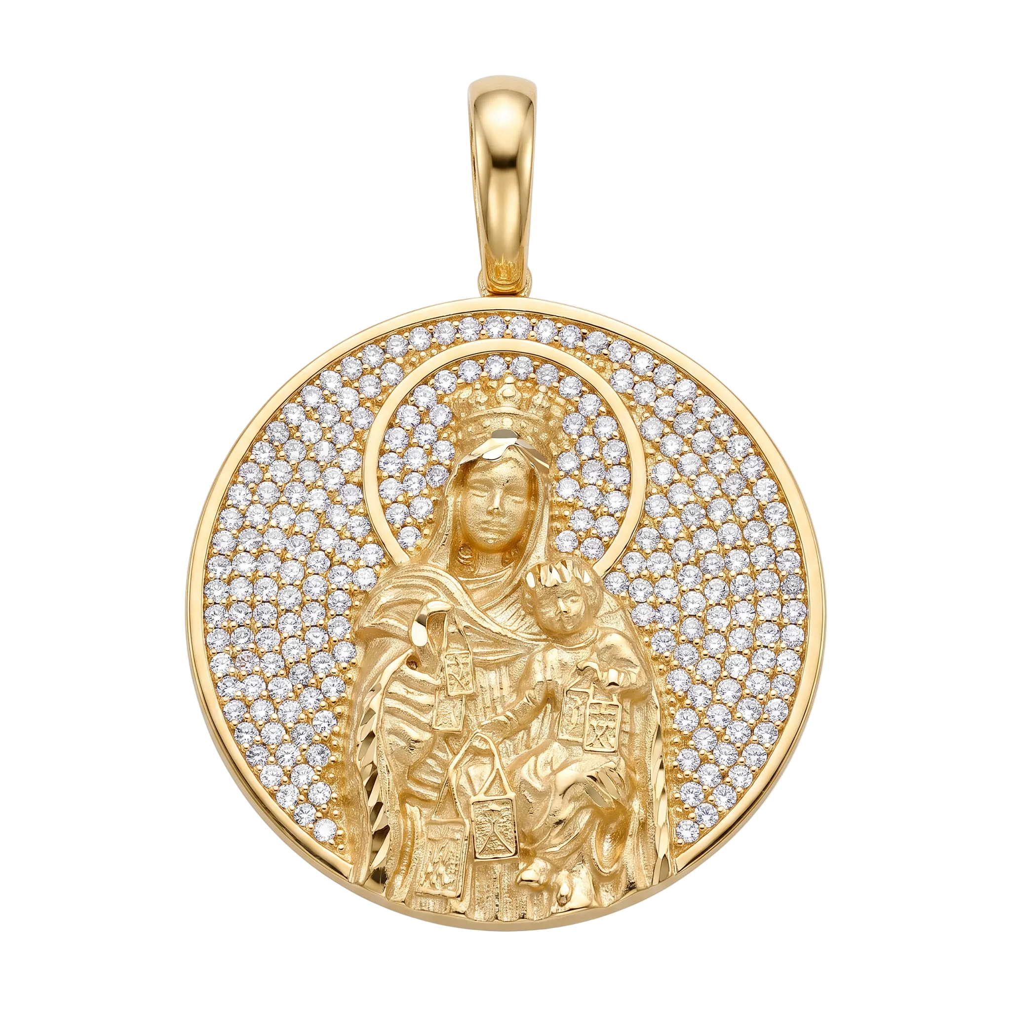 18K Yellow Gold Cubic Zirconia Pave St. Mary & Jesus Icon Pendant