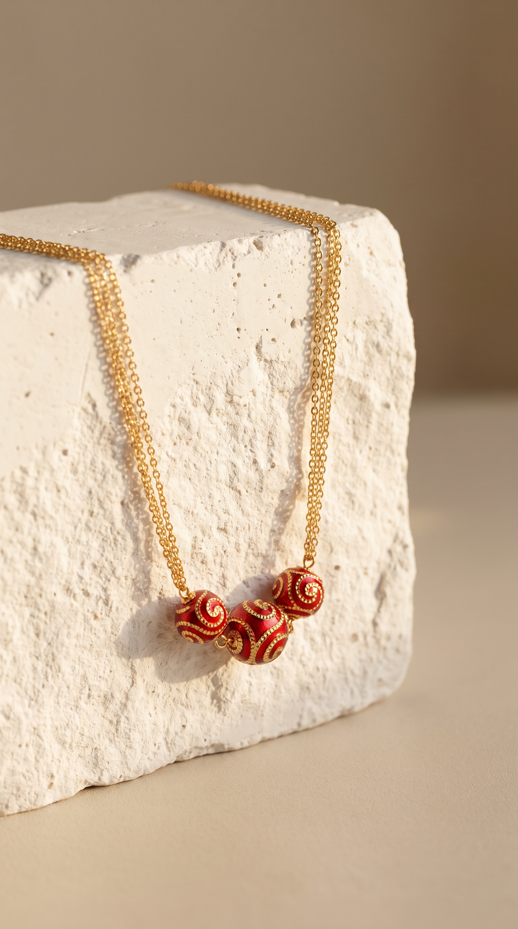 18K Yellow Gold Red Beaded Triple Chain Necklace