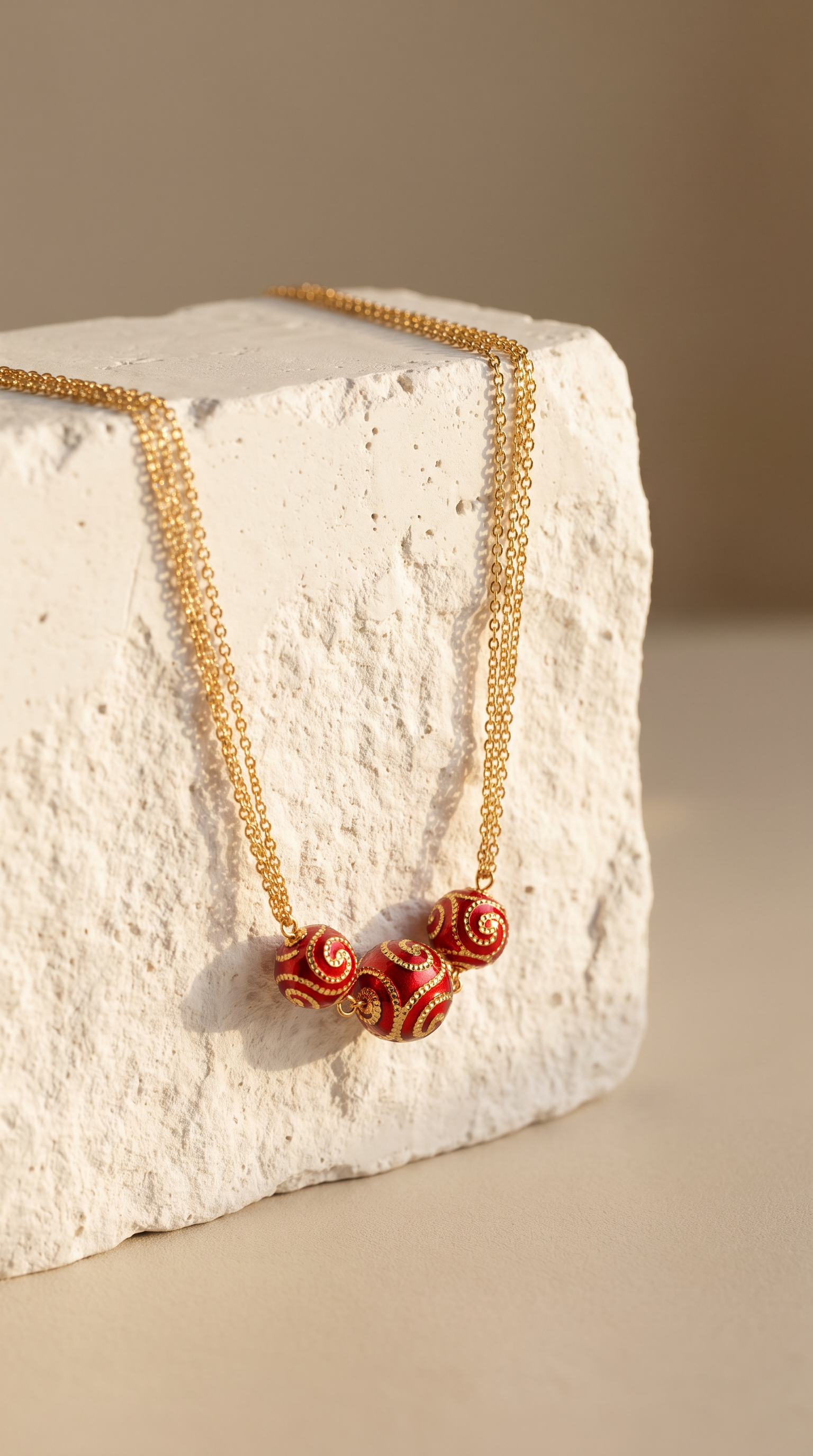 18K Yellow Gold Red Beaded Triple Chain Necklace