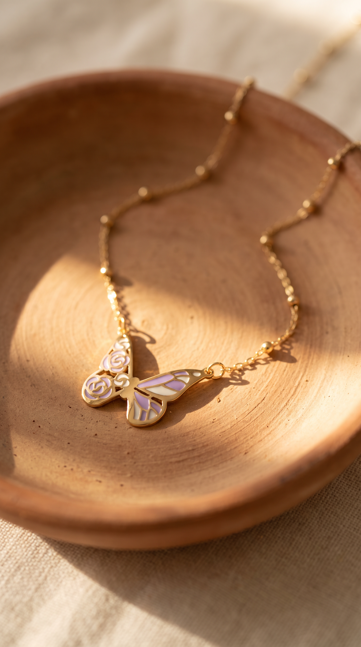 18K Yellow Gold Beaded White & Purple Enamel Butterfly Necklace