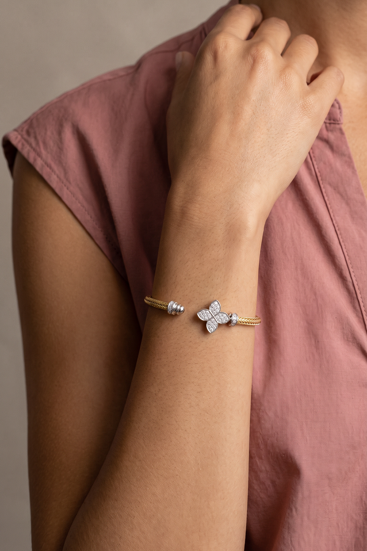 Diamond Two Tone Gold Pavé Flower Cuff Bracelet