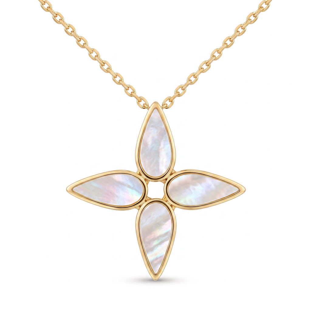 18K Yellow Gold Mother Of Pearl Flower Necklace