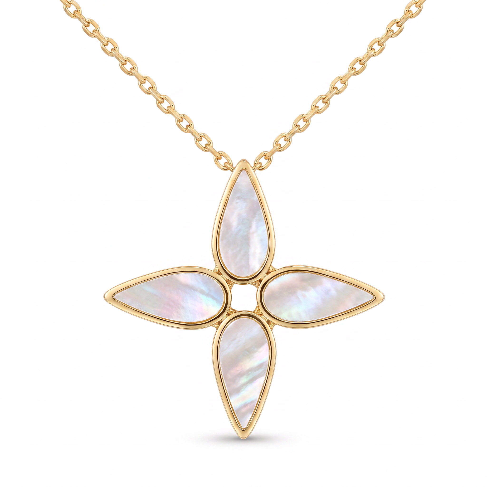 18K Yellow Gold Mother Of Pearl Flower Necklace