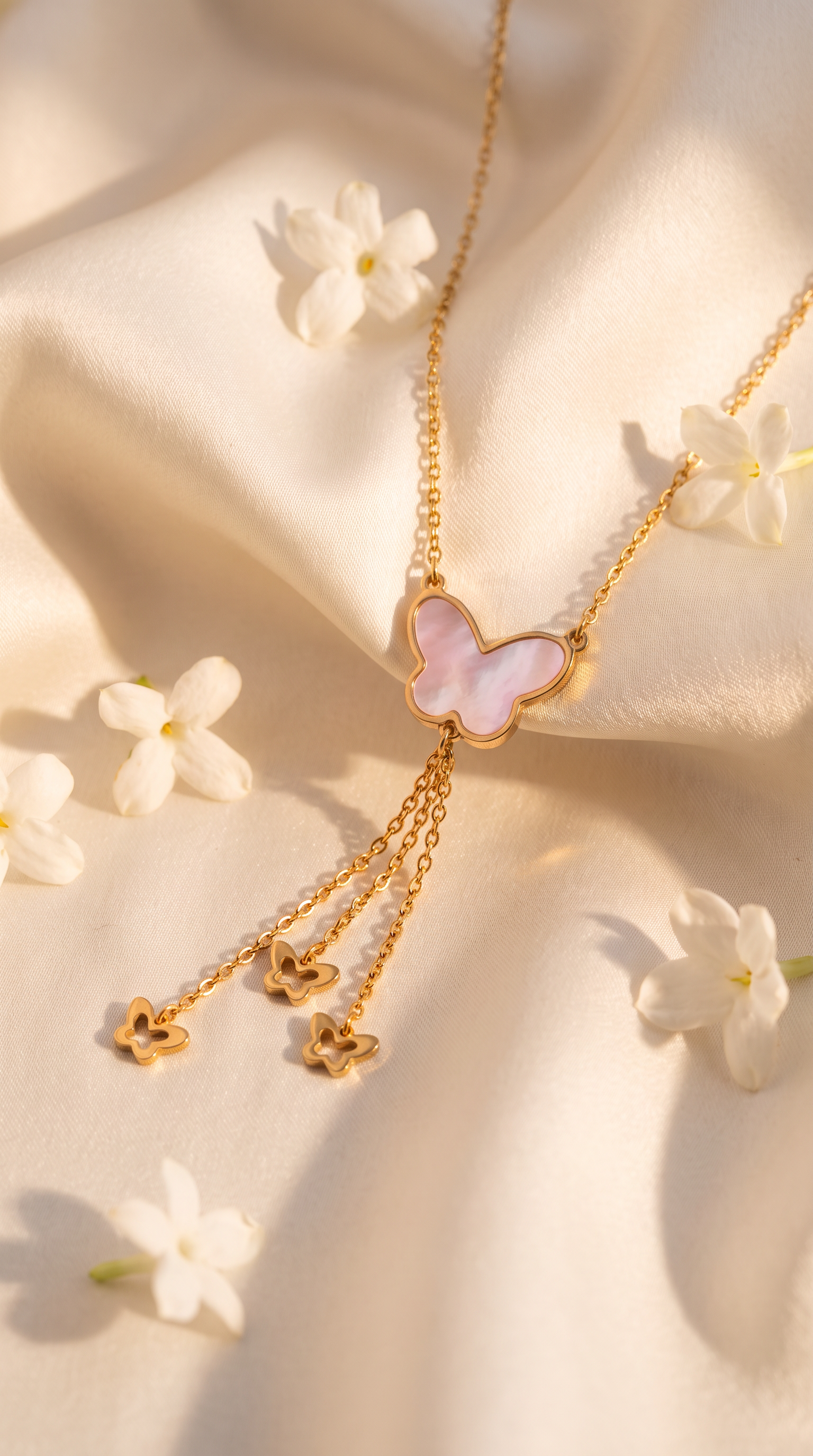 18K Yellow Gold Reversible Mother Of Pearl Butterfly Dangle Necklace