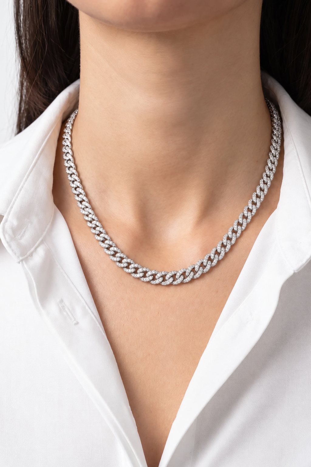 Lab Diamond White Gold Cuban Link Chain Necklace