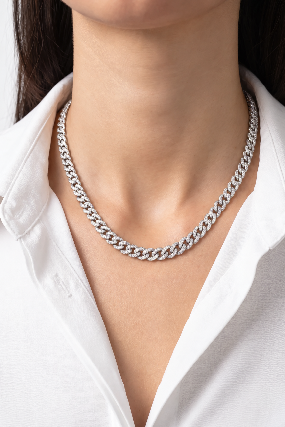 Lab Diamond White Gold Cuban Link Chain Necklace
