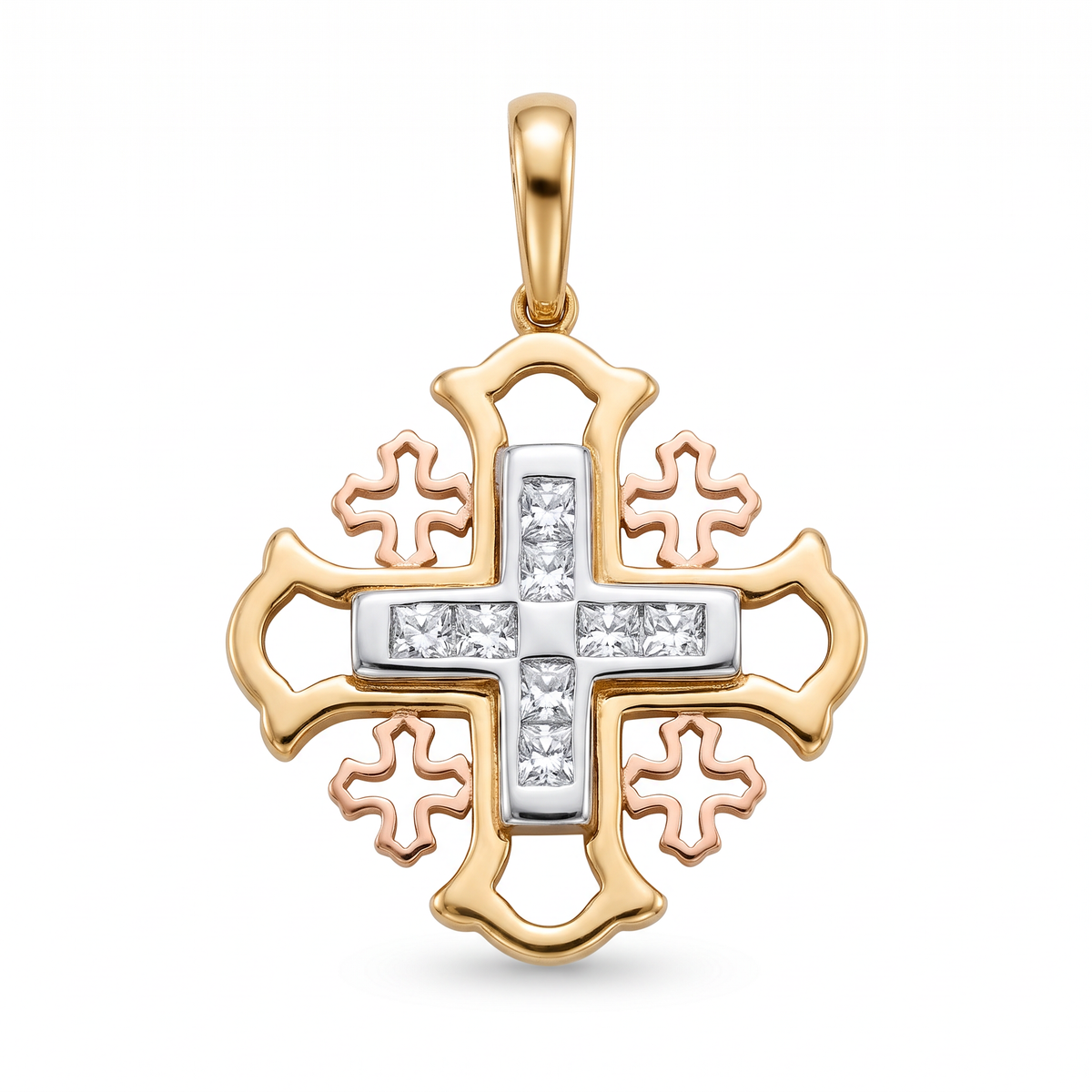 18K Multicolor Gold Cubic Zirconia Jerusalem Cross Pendant