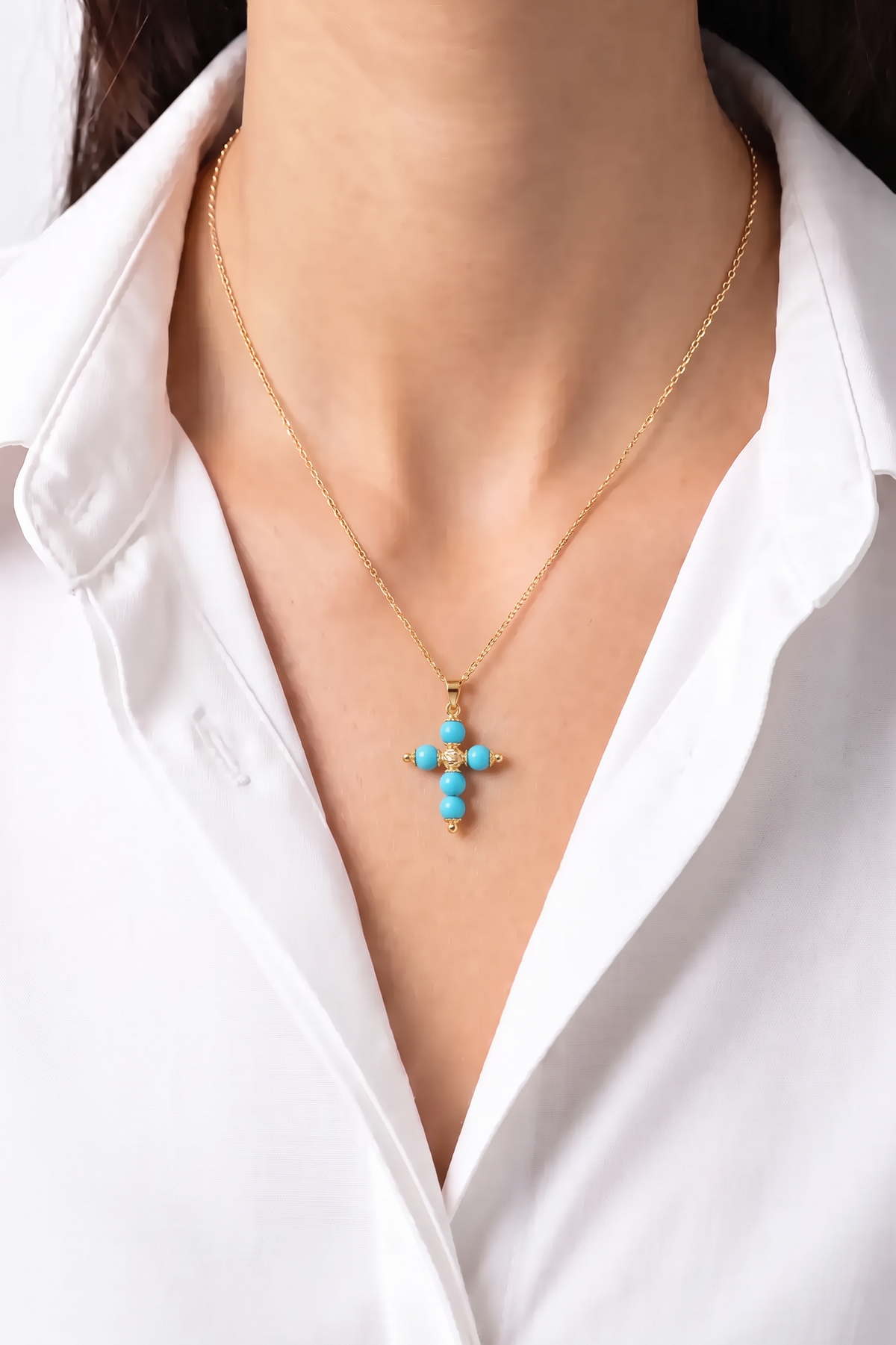 18K Yellow Gold Turquoise Cross Pendant