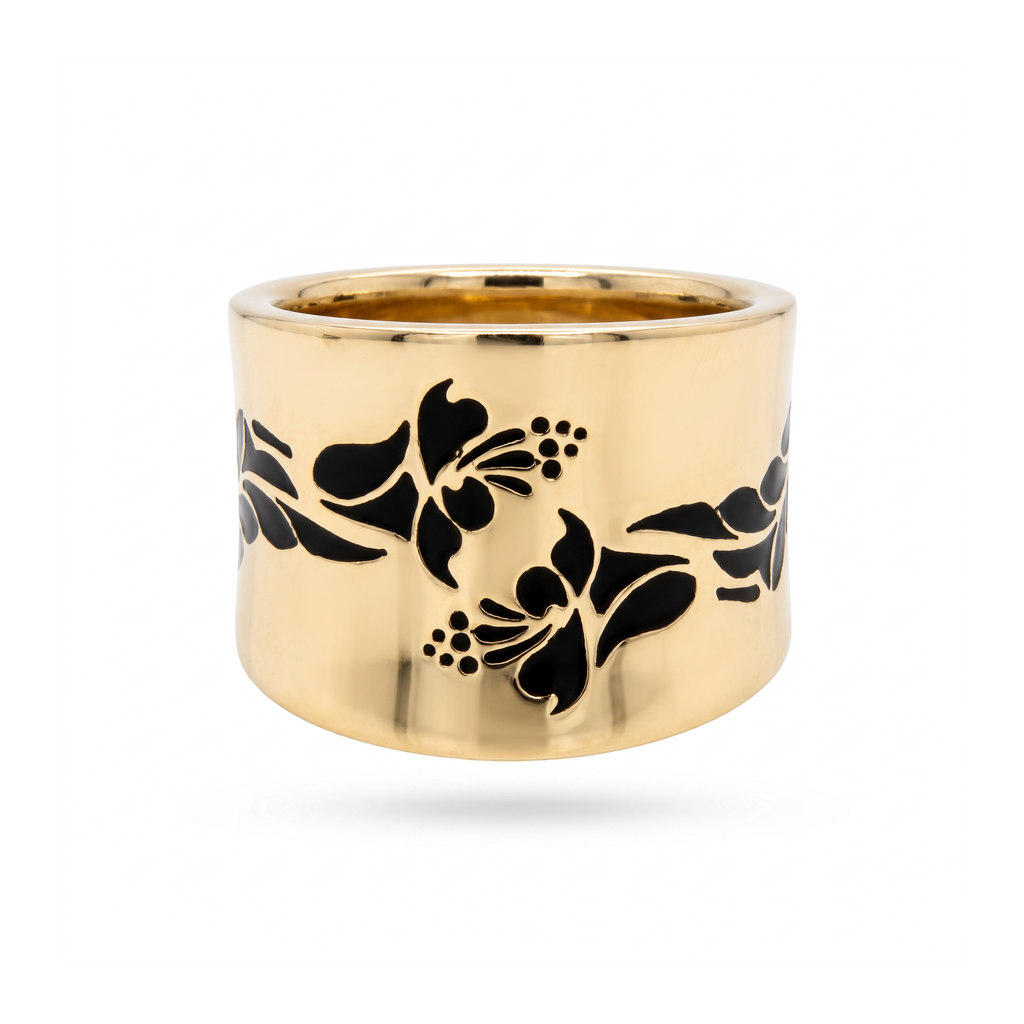 18K Yellow Gold Black Enamel Lily Flower Ring