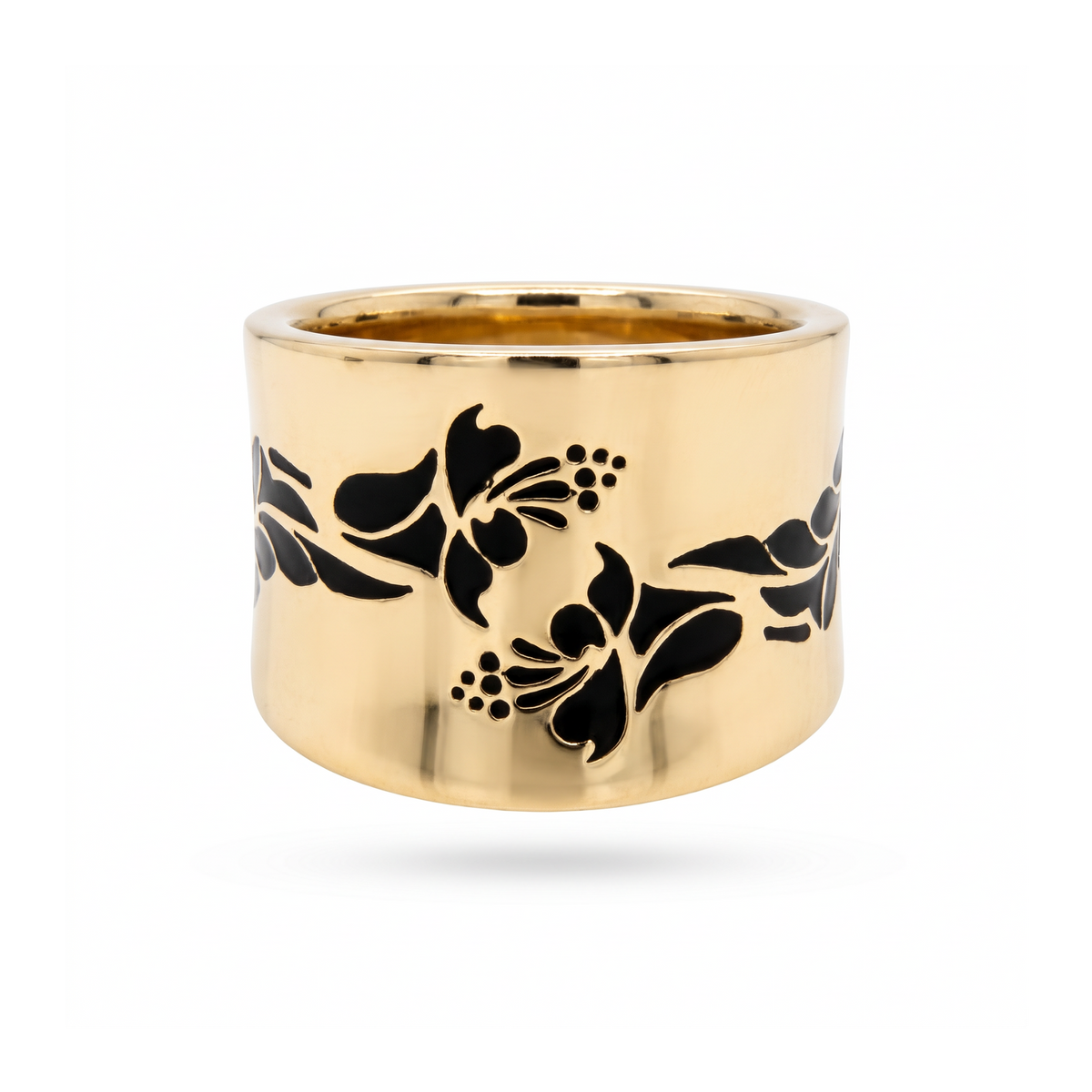 18K Yellow Gold Black Enamel Lily Flower Ring